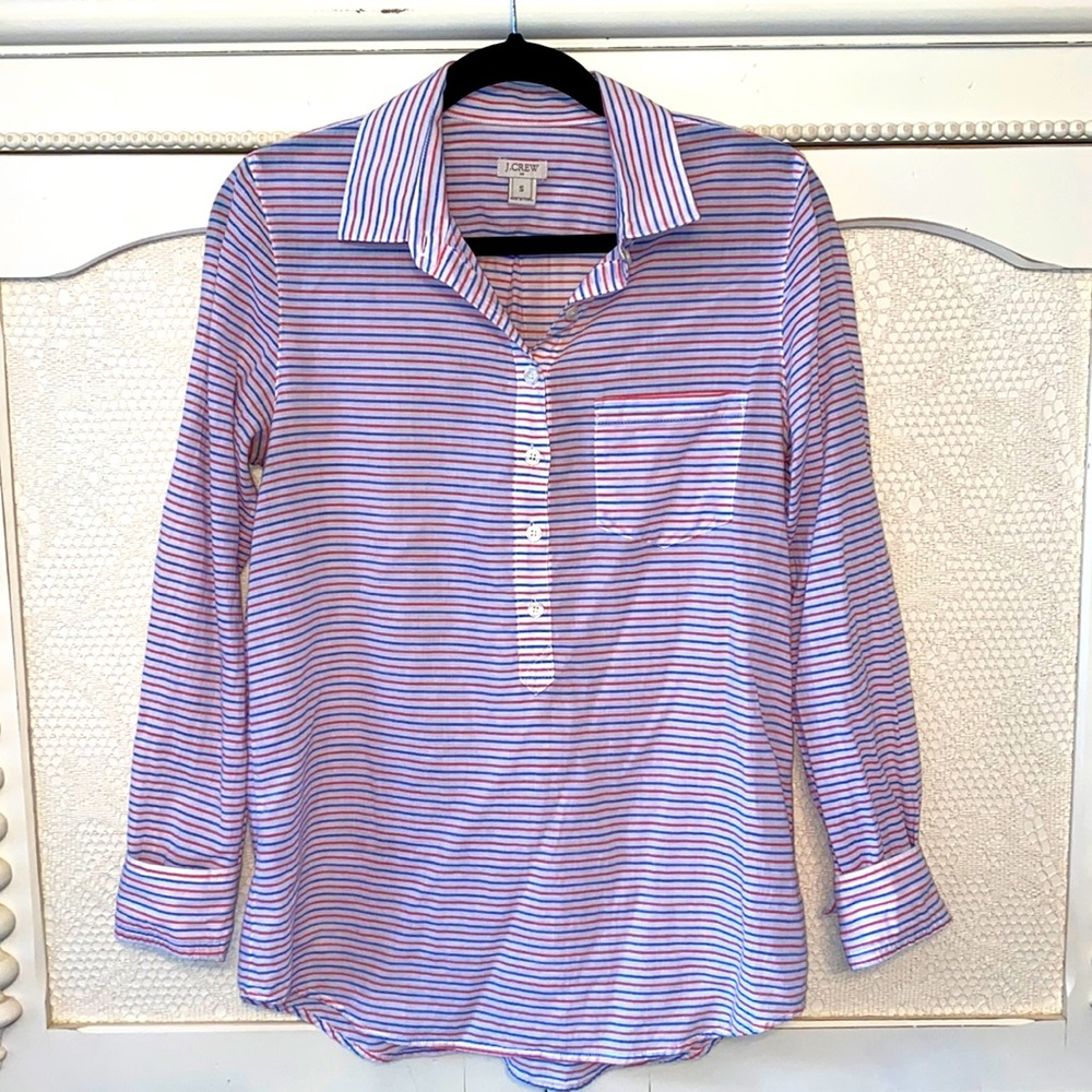 White, Blue, and Peach Striped button down shirt